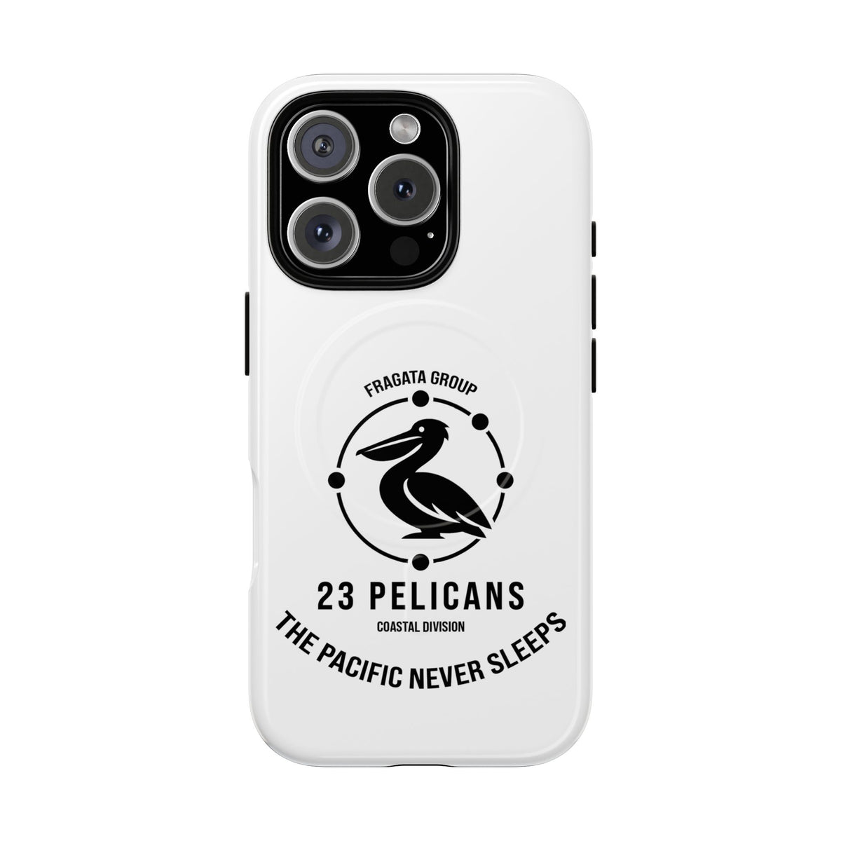 The Pacific Never Sleeps – White Phone Case | Pelican Signal | 23 Pelicans