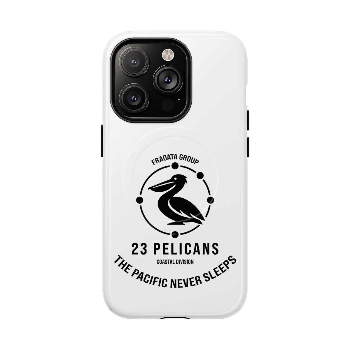 The Pacific Never Sleeps – White Phone Case | Pelican Signal | 23 Pelicans