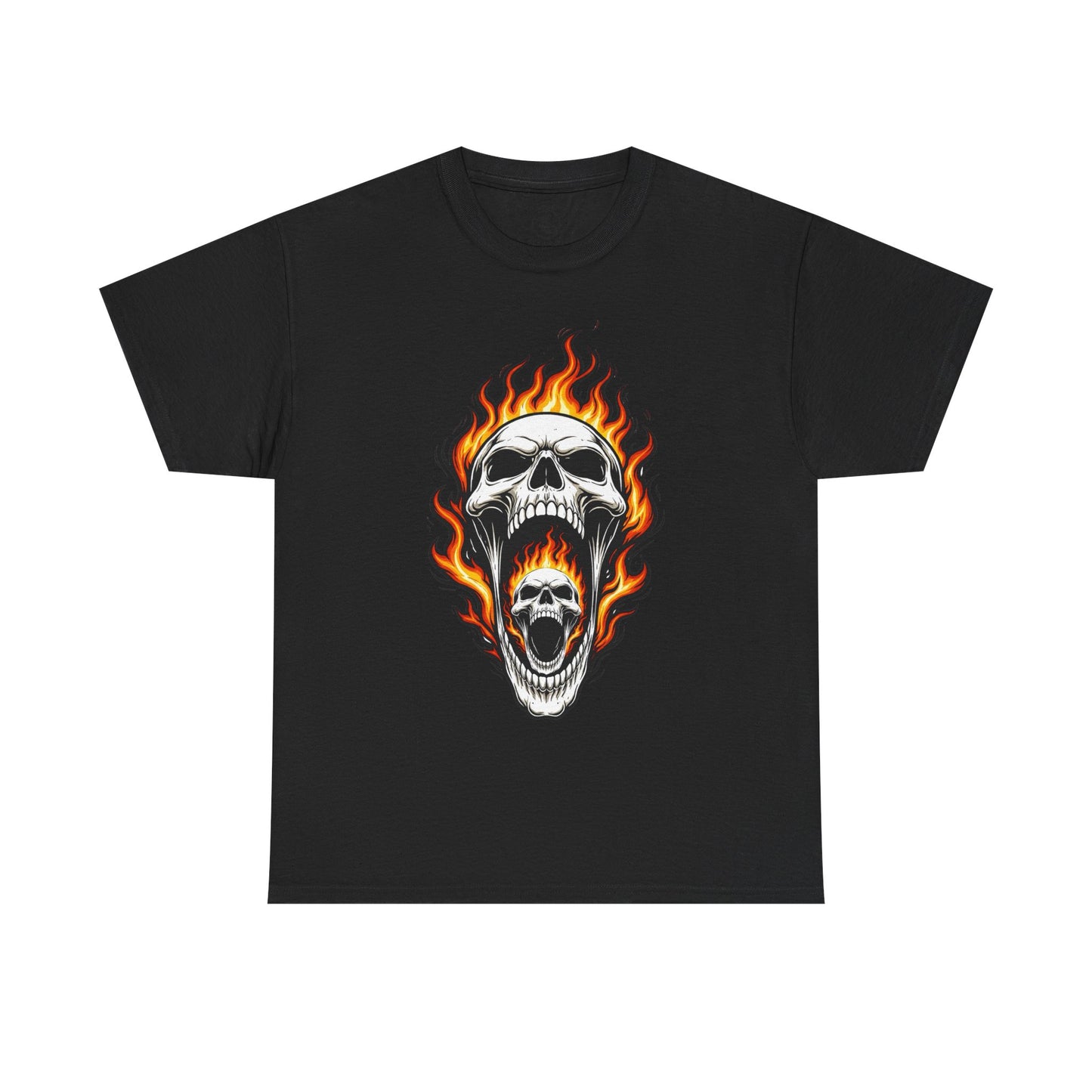 Flaming Double Skull Tee – Gothic Rock Skull T-Shirt | Pelican Lab Series | 23 Pelicans