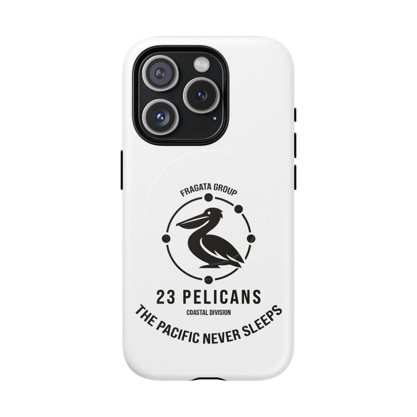 The Pacific Never Sleeps – White Phone Case | Pelican Signal | 23 Pelicans