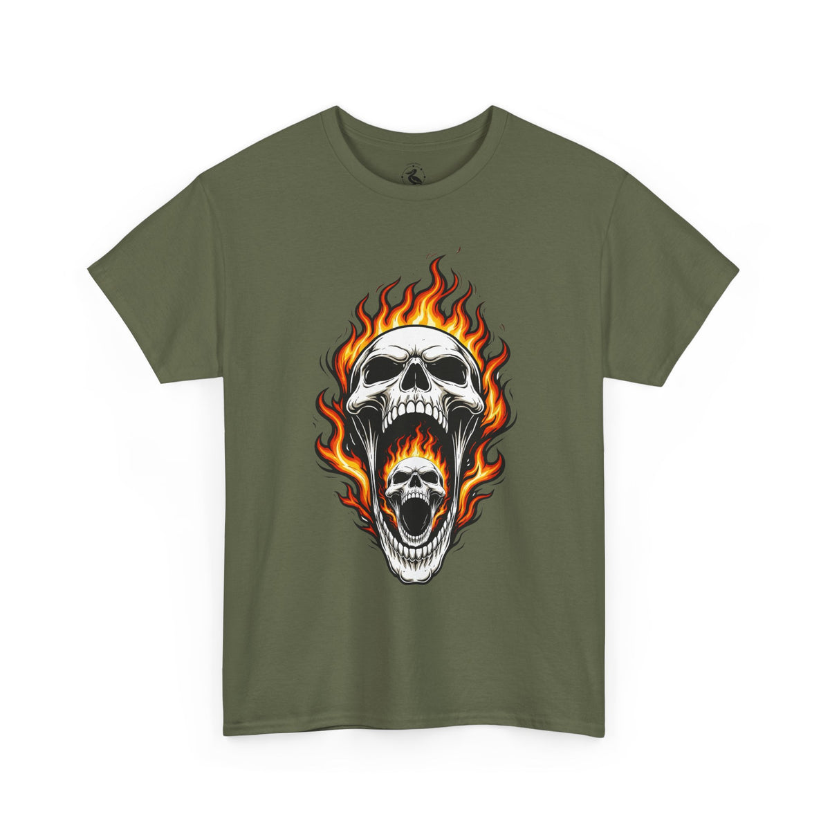 Flaming Double Skull Tee – Gothic Rock Skull T-Shirt | Pelican Lab Series | 23 Pelicans