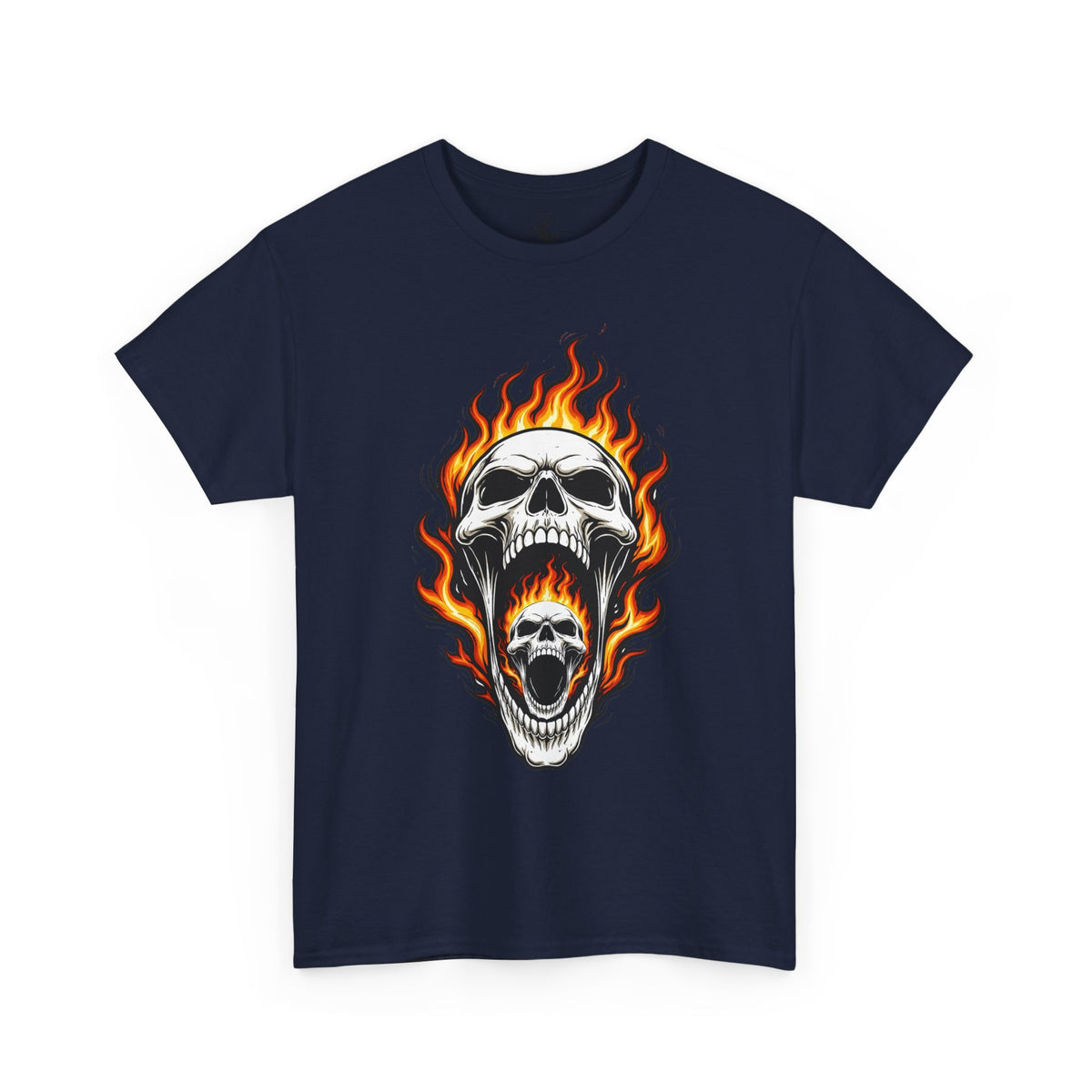 Flaming Double Skull Tee – Gothic Rock Skull T-Shirt | Pelican Lab Series | 23 Pelicans