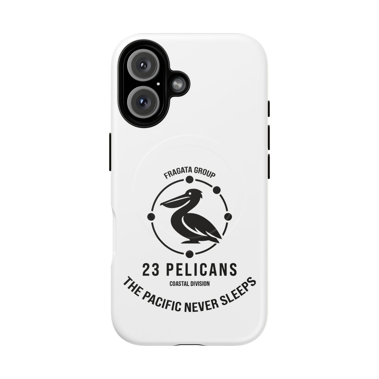 The Pacific Never Sleeps – White Phone Case | Pelican Signal | 23 Pelicans