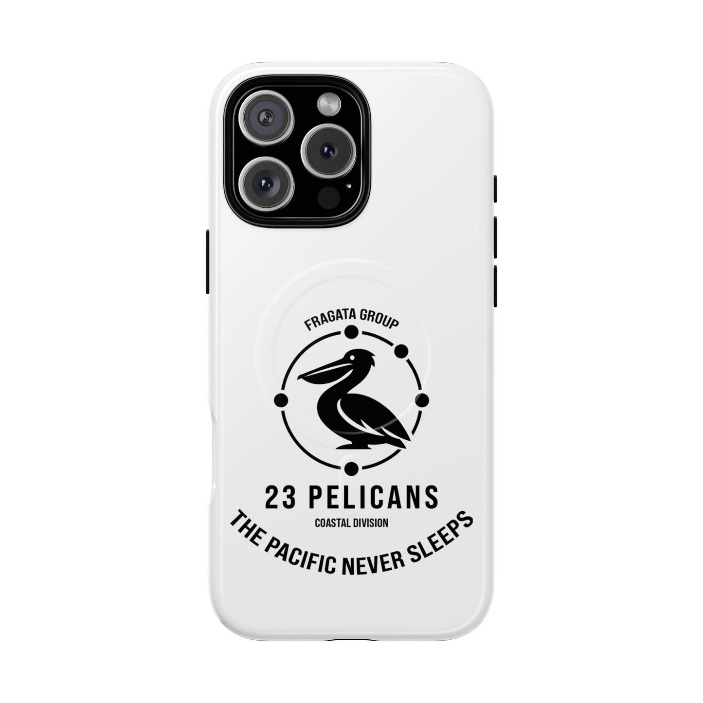 The Pacific Never Sleeps – White Phone Case | Pelican Signal | 23 Pelicans
