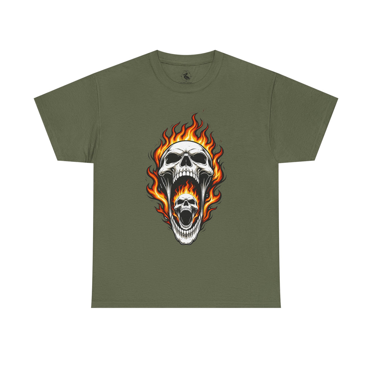 Flaming Double Skull Tee – Gothic Rock Skull T-Shirt | Pelican Lab Series | 23 Pelicans