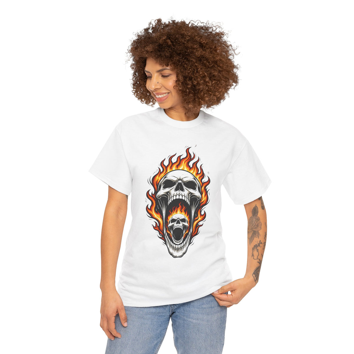 Flaming Double Skull Tee – Gothic Rock Skull T-Shirt | Pelican Lab Series | 23 Pelicans