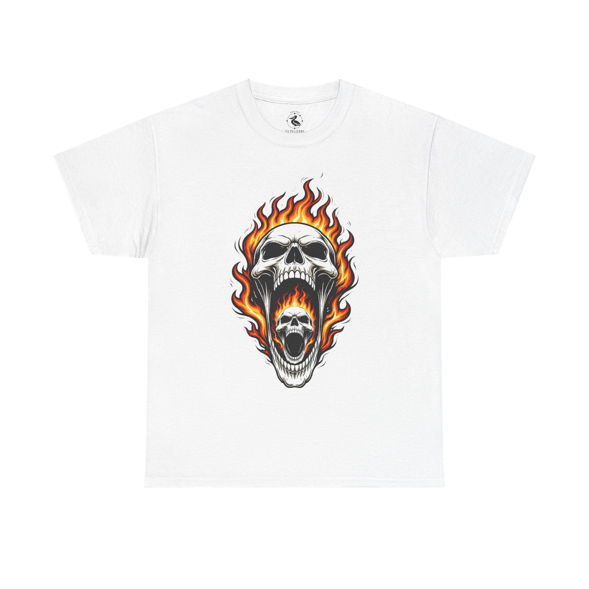 Flaming Double Skull Tee – Gothic Rock Skull T-Shirt | Pelican Lab Series | 23 Pelicans