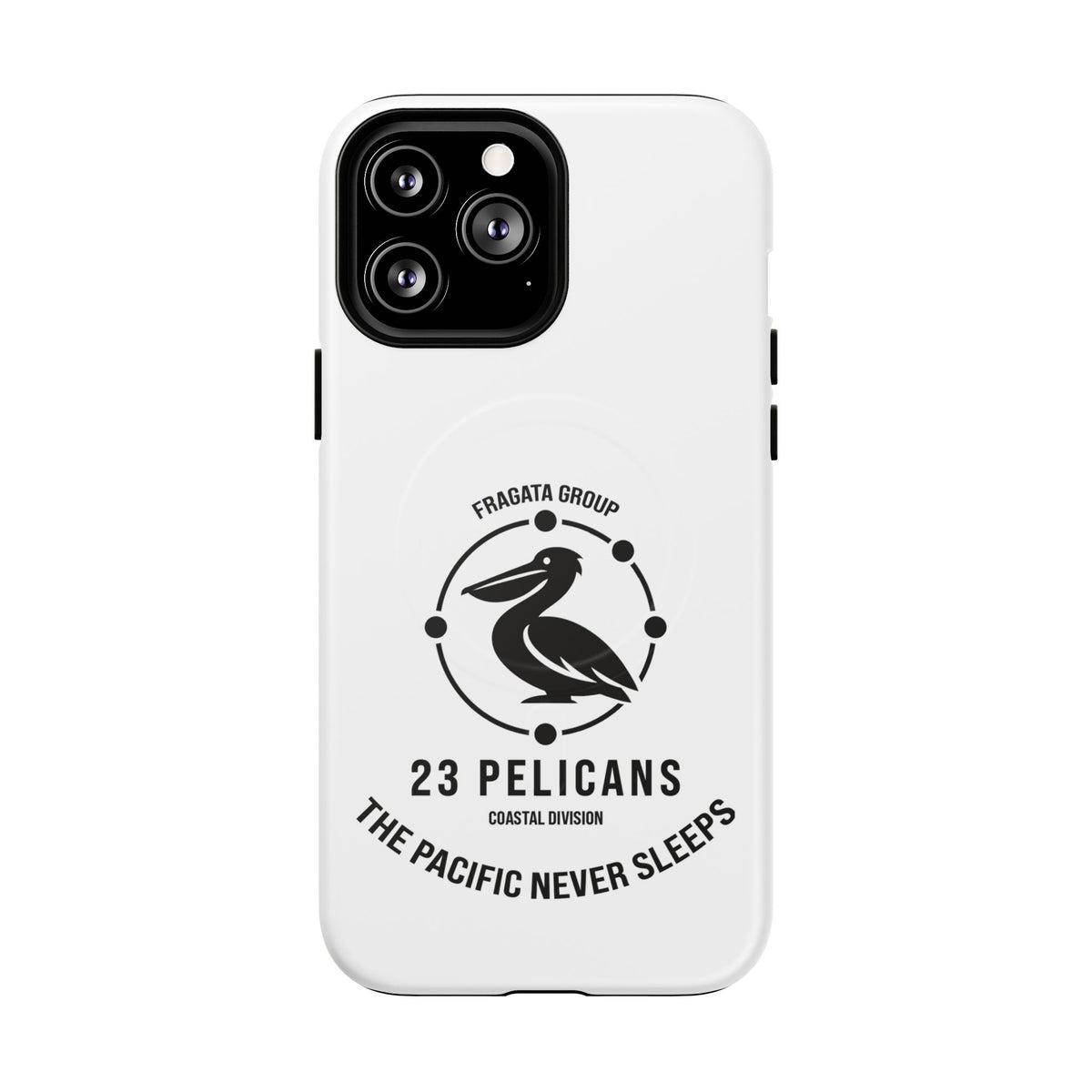 The Pacific Never Sleeps – White Phone Case | Pelican Signal | 23 Pelicans