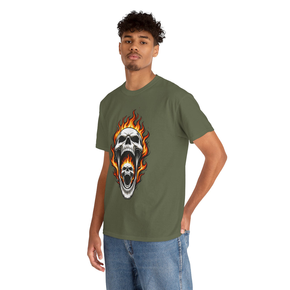 Flaming Double Skull Tee – Gothic Rock Skull T-Shirt | Pelican Lab Series | 23 Pelicans