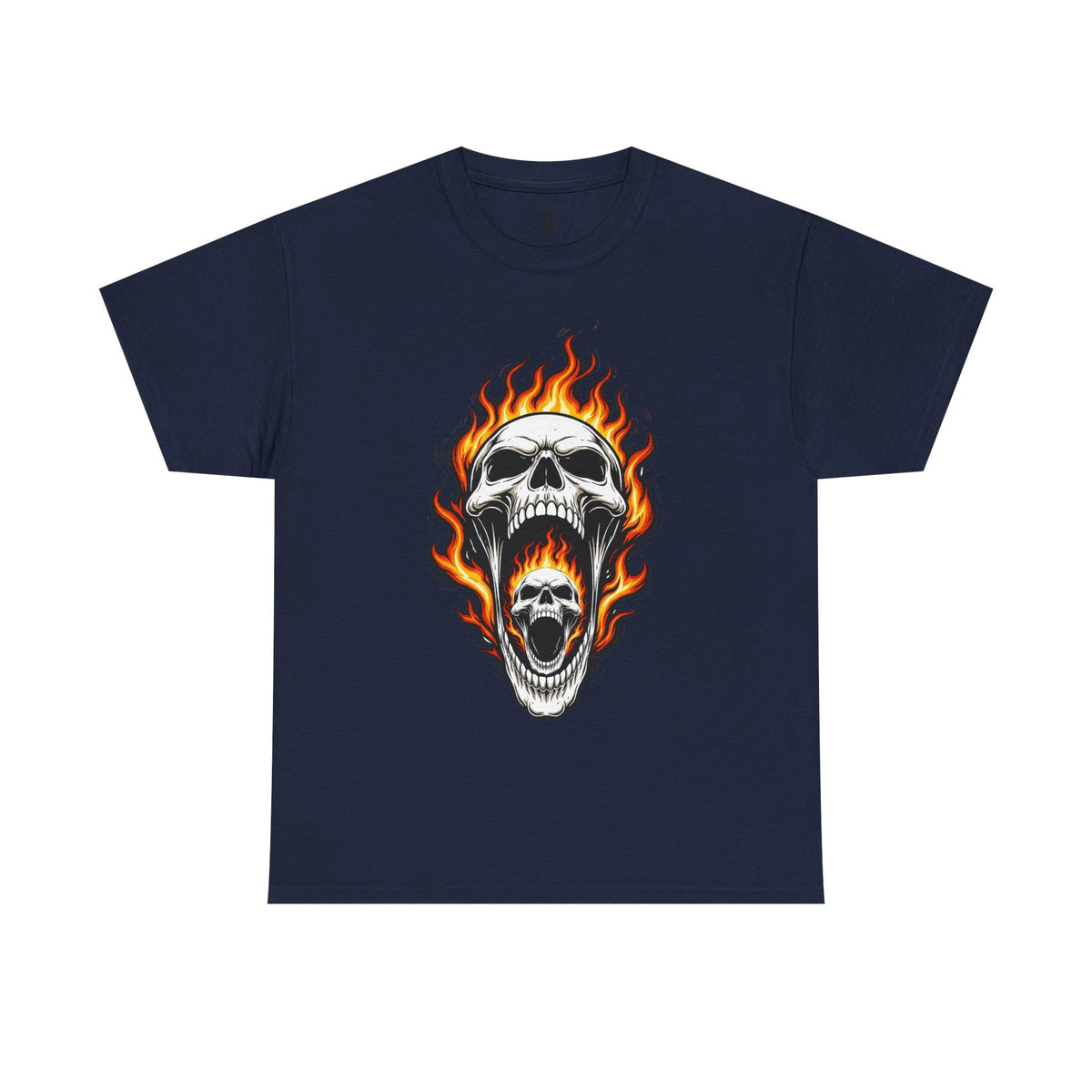 Flaming Double Skull Tee – Gothic Rock Skull T-Shirt | Pelican Lab Series | 23 Pelicans