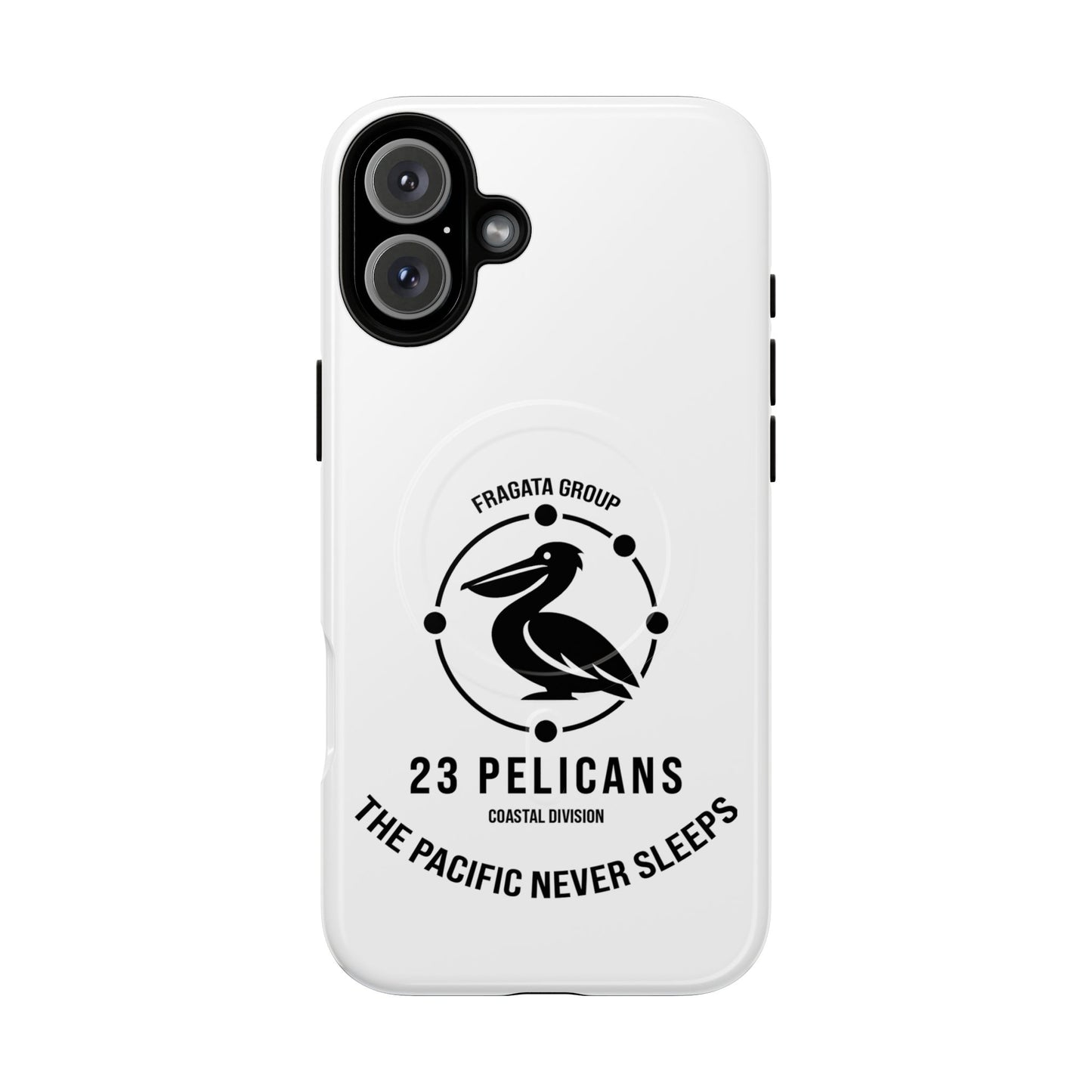 The Pacific Never Sleeps – White Phone Case | Pelican Signal | 23 Pelicans