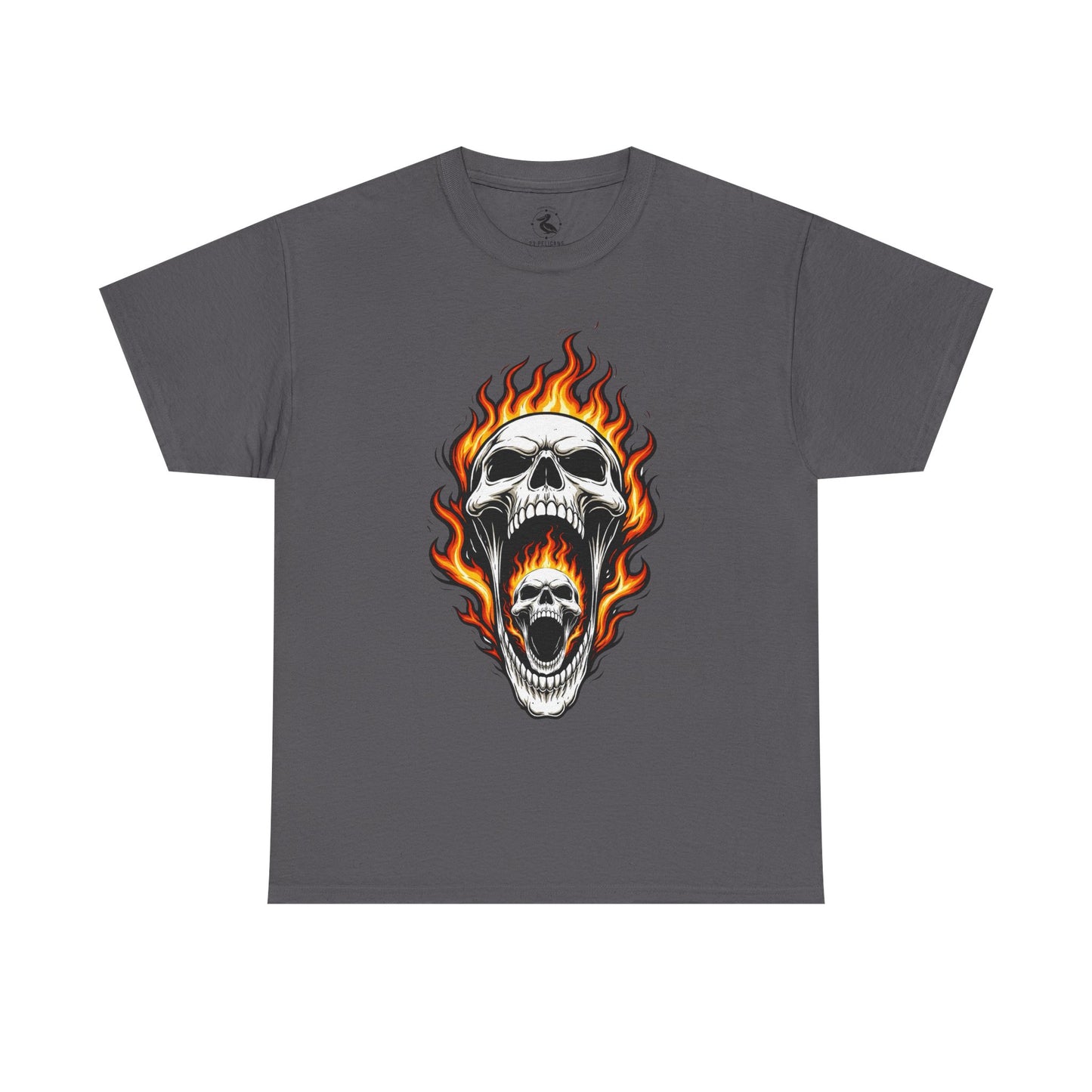 Flaming Double Skull Tee – Gothic Rock Skull T-Shirt | Pelican Lab Series | 23 Pelicans