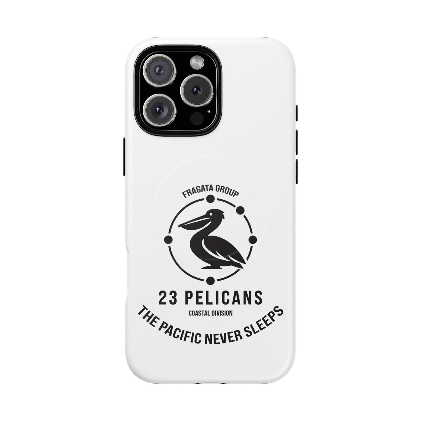 The Pacific Never Sleeps – White Phone Case | Pelican Signal | 23 Pelicans
