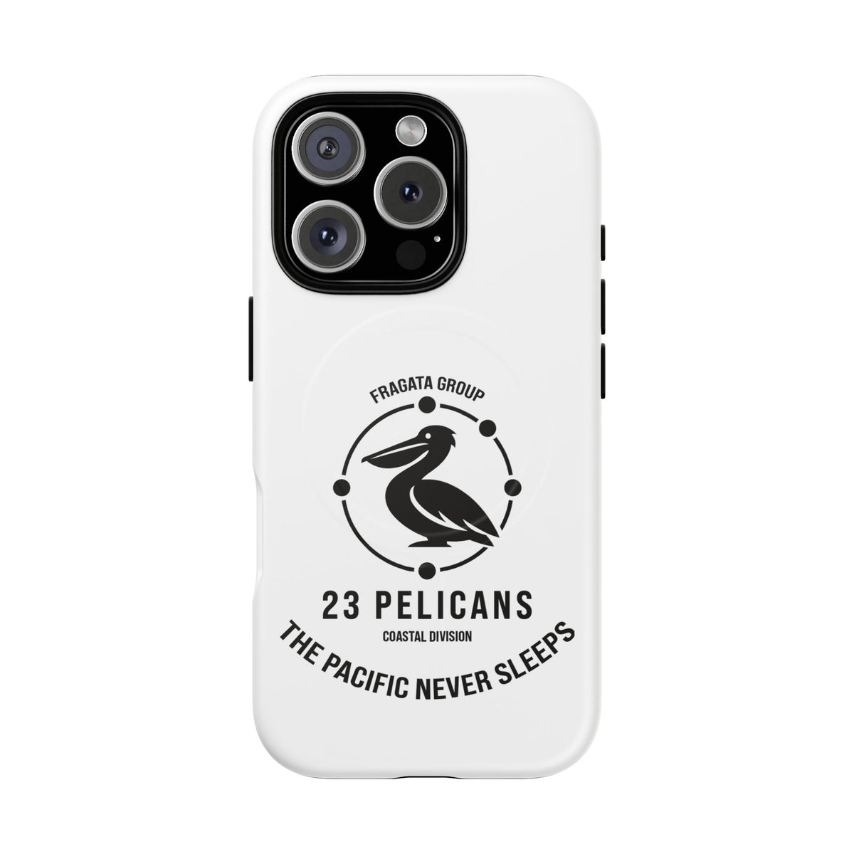 The Pacific Never Sleeps – White Phone Case | Pelican Signal | 23 Pelicans