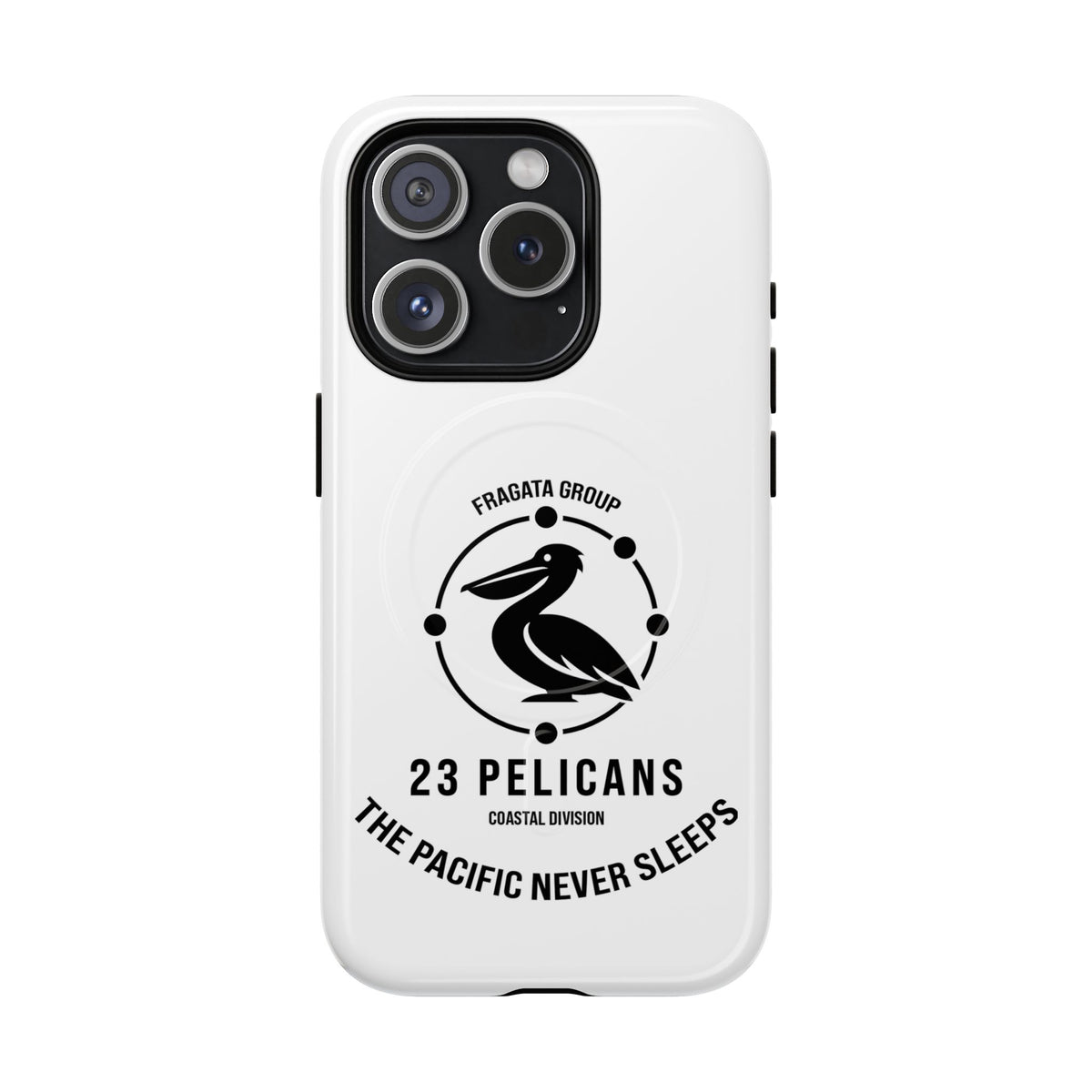 The Pacific Never Sleeps – White Phone Case | Pelican Signal | 23 Pelicans