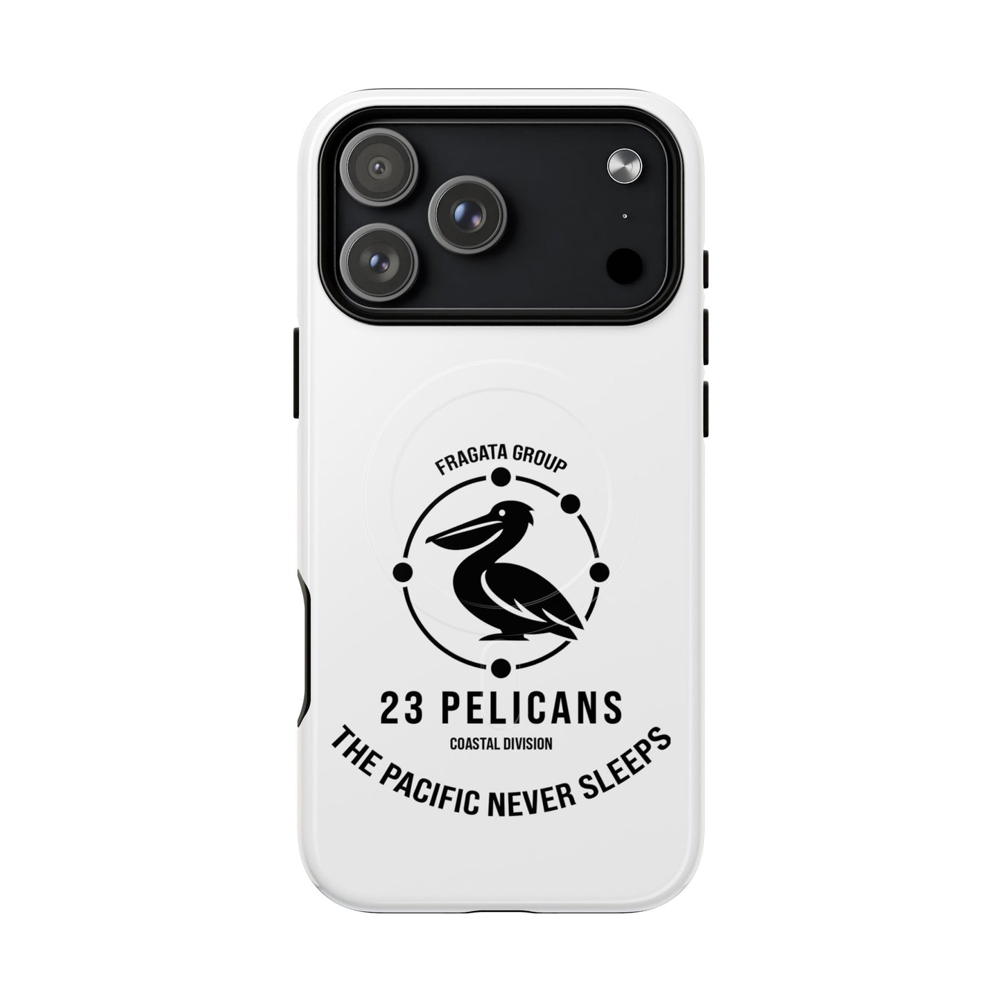 The Pacific Never Sleeps – White Phone Case | Pelican Signal | 23 Pelicans