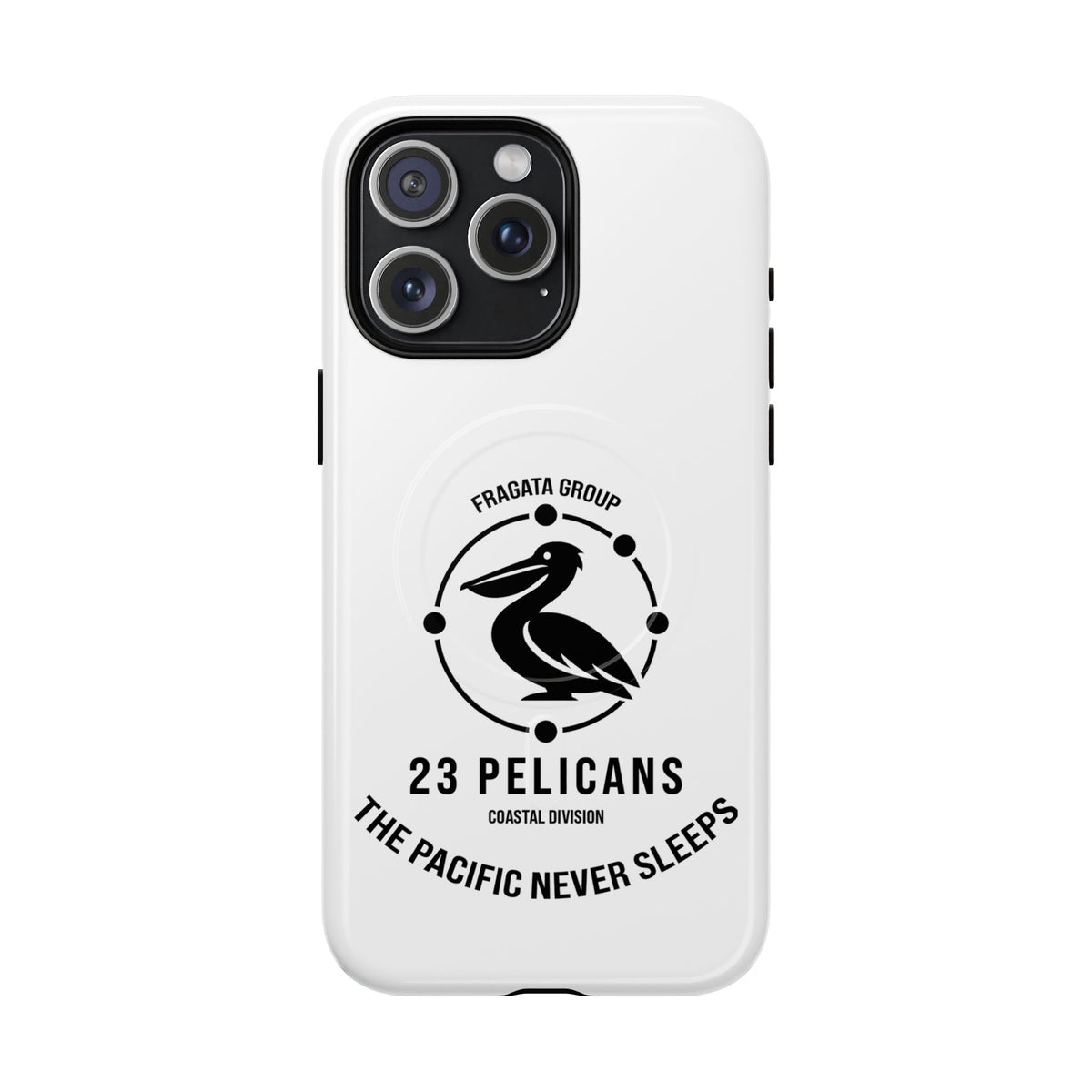 The Pacific Never Sleeps – White Phone Case | Pelican Signal | 23 Pelicans