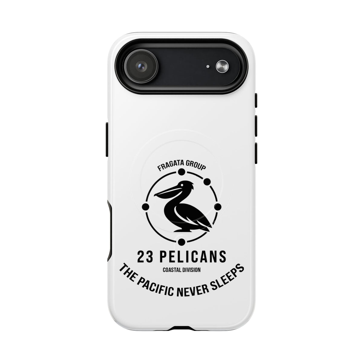 The Pacific Never Sleeps – White Phone Case | Pelican Signal | 23 Pelicans