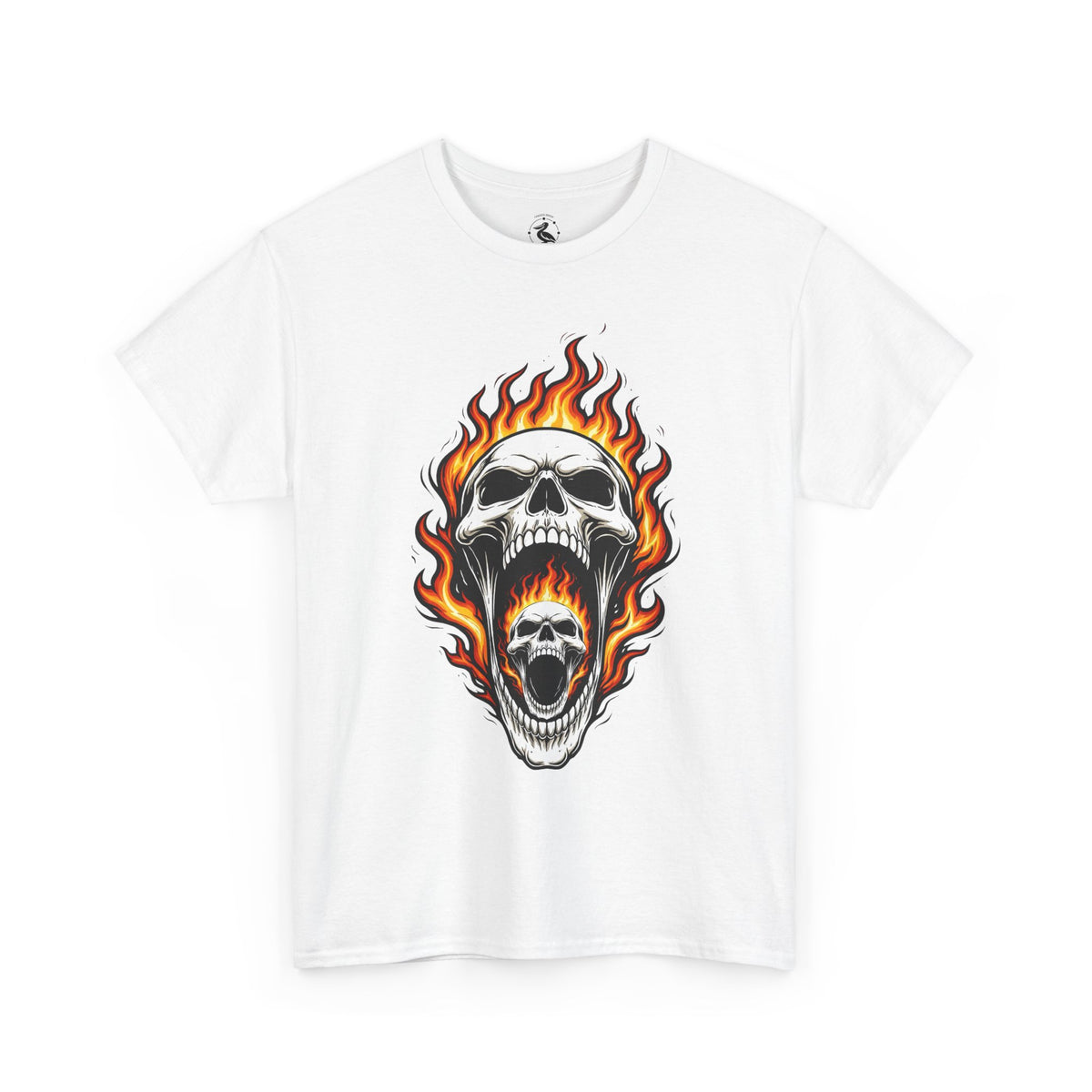 Flaming Double Skull Tee – Gothic Rock Skull T-Shirt | Pelican Lab Series | 23 Pelicans