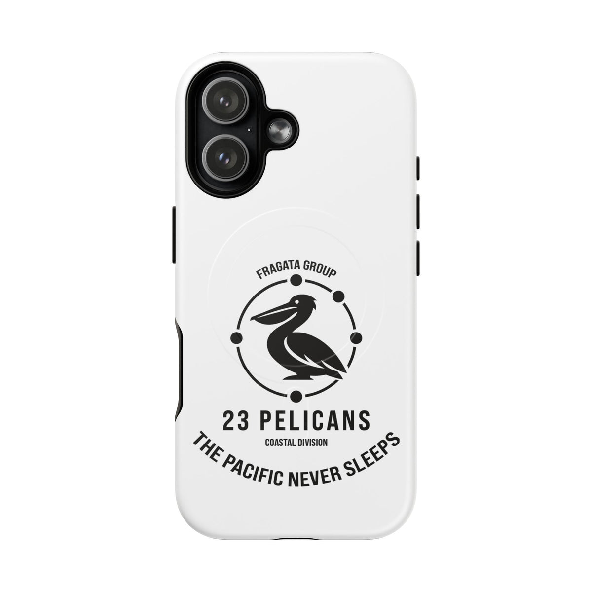 The Pacific Never Sleeps – White Phone Case | Pelican Signal | 23 Pelicans