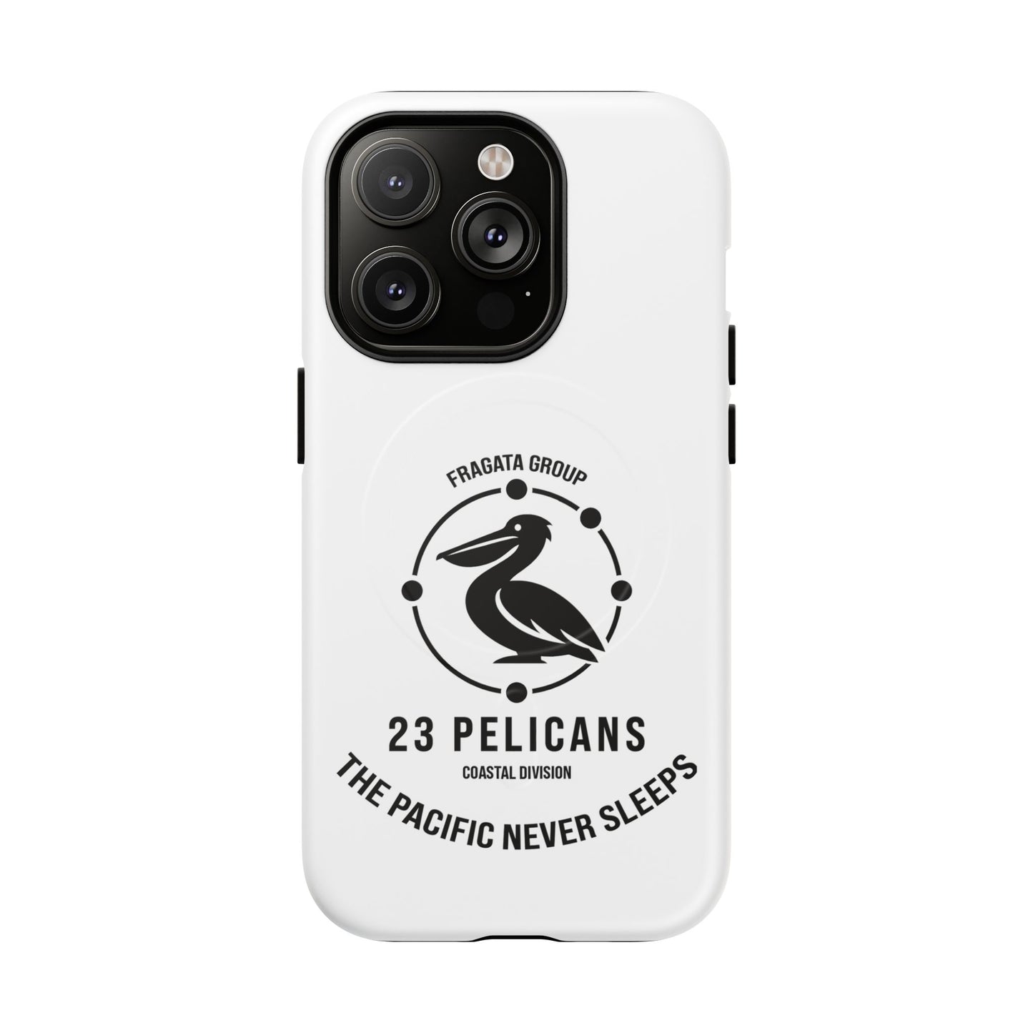 The Pacific Never Sleeps – White Phone Case | Pelican Signal | 23 Pelicans