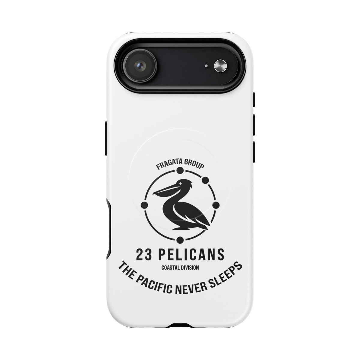 The Pacific Never Sleeps – White Phone Case | Pelican Signal | 23 Pelicans