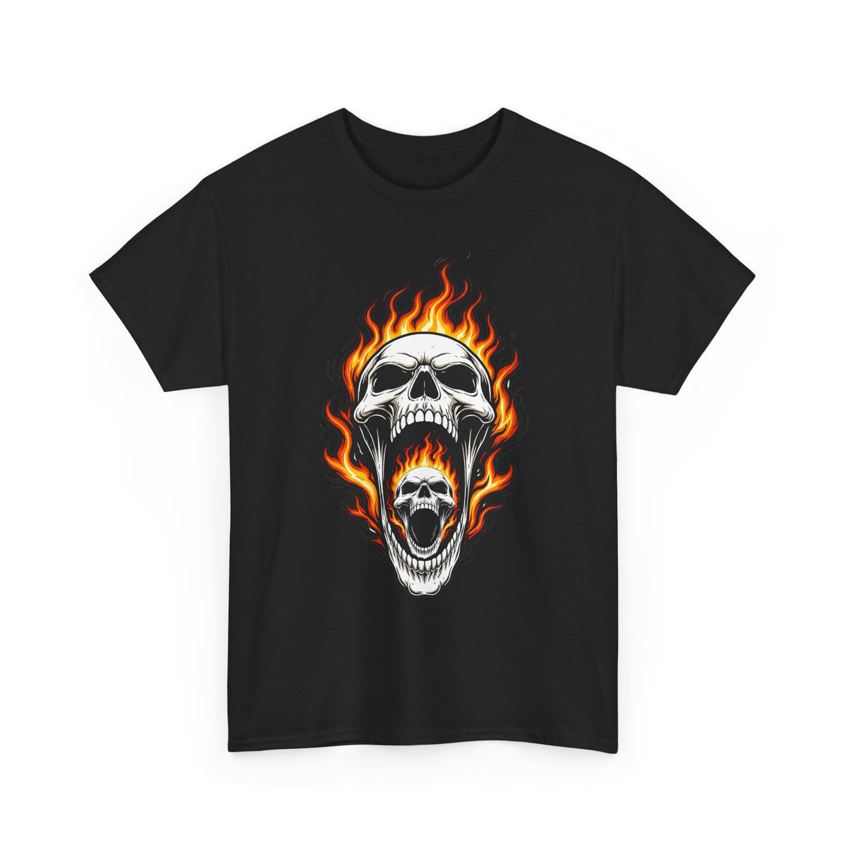 Flaming Double Skull Tee – Gothic Rock Skull T-Shirt | Pelican Lab Series | 23 Pelicans