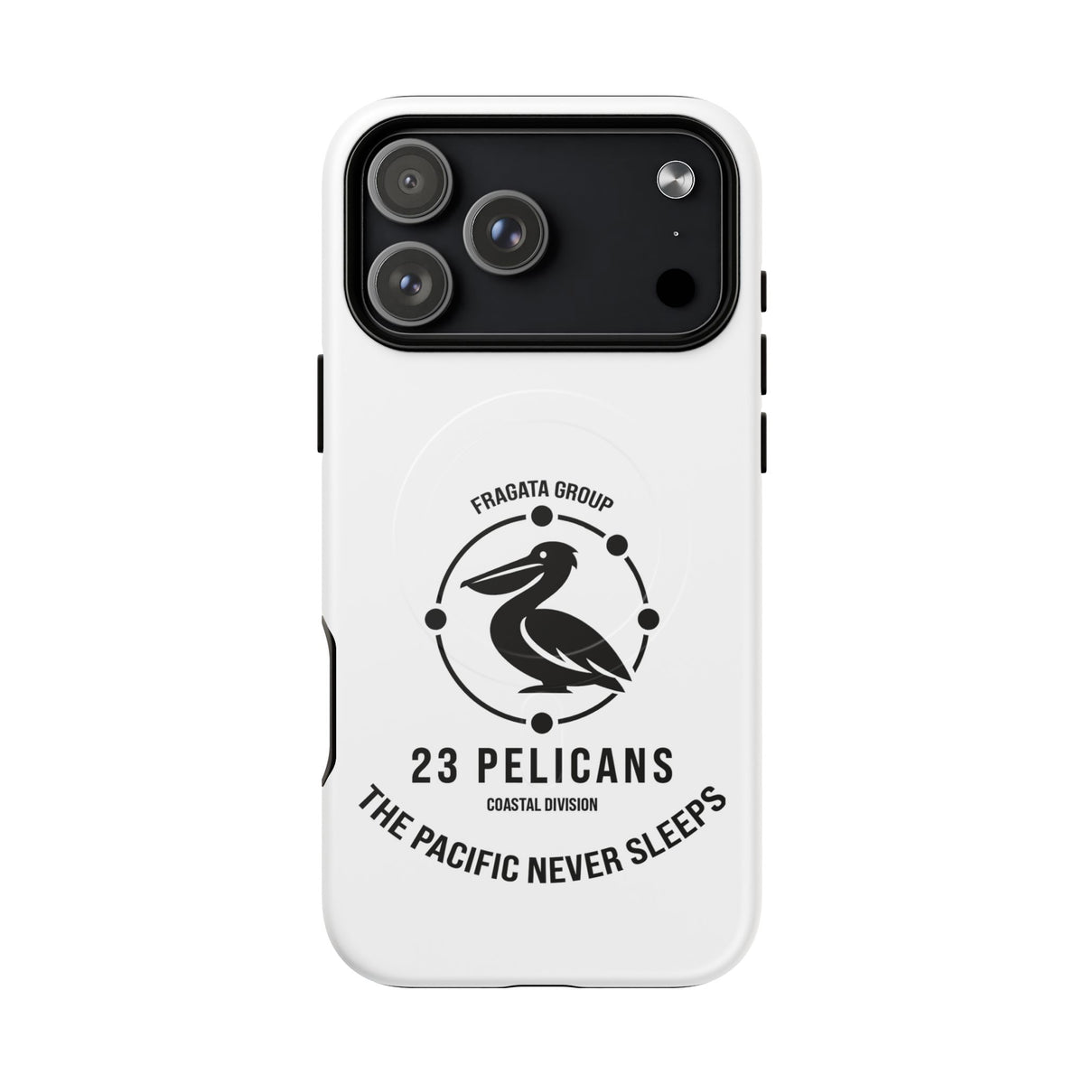 The Pacific Never Sleeps – White Phone Case | Pelican Signal | 23 Pelicans