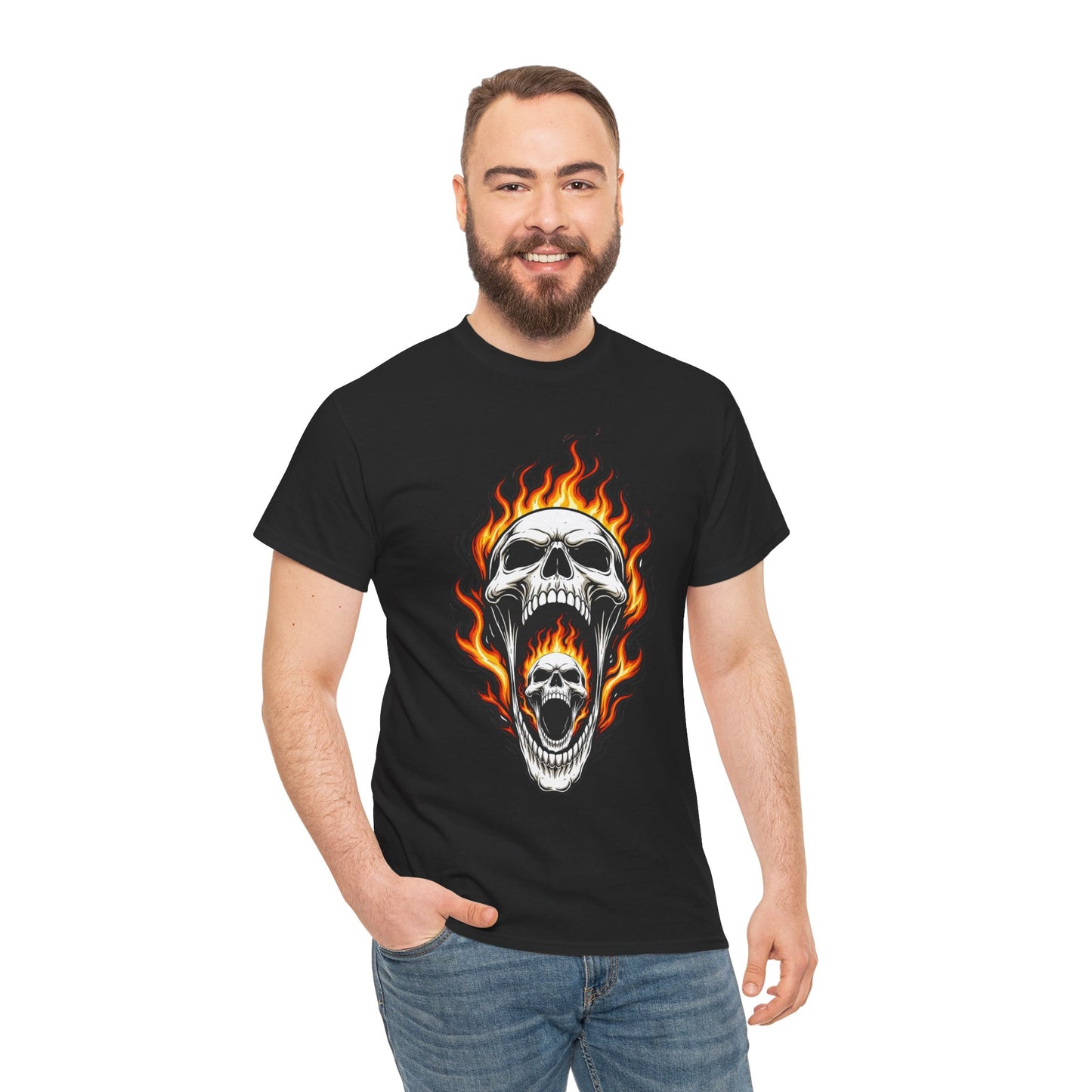 Flaming Double Skull Tee – Gothic Rock Skull T-Shirt | Pelican Lab Series | 23 Pelicans