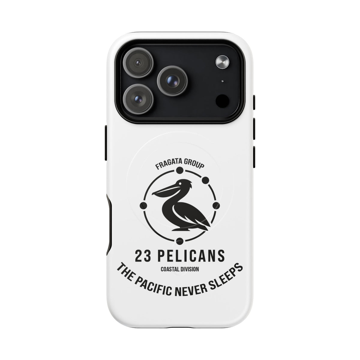 The Pacific Never Sleeps – White Phone Case | Pelican Signal | 23 Pelicans